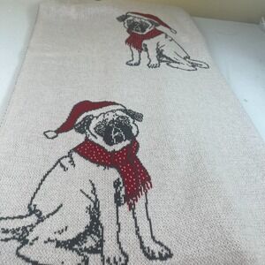 Holiday Pug Knit Throw Blanket 50x60 Christmas Dog Santa Hat Scarf Cotton